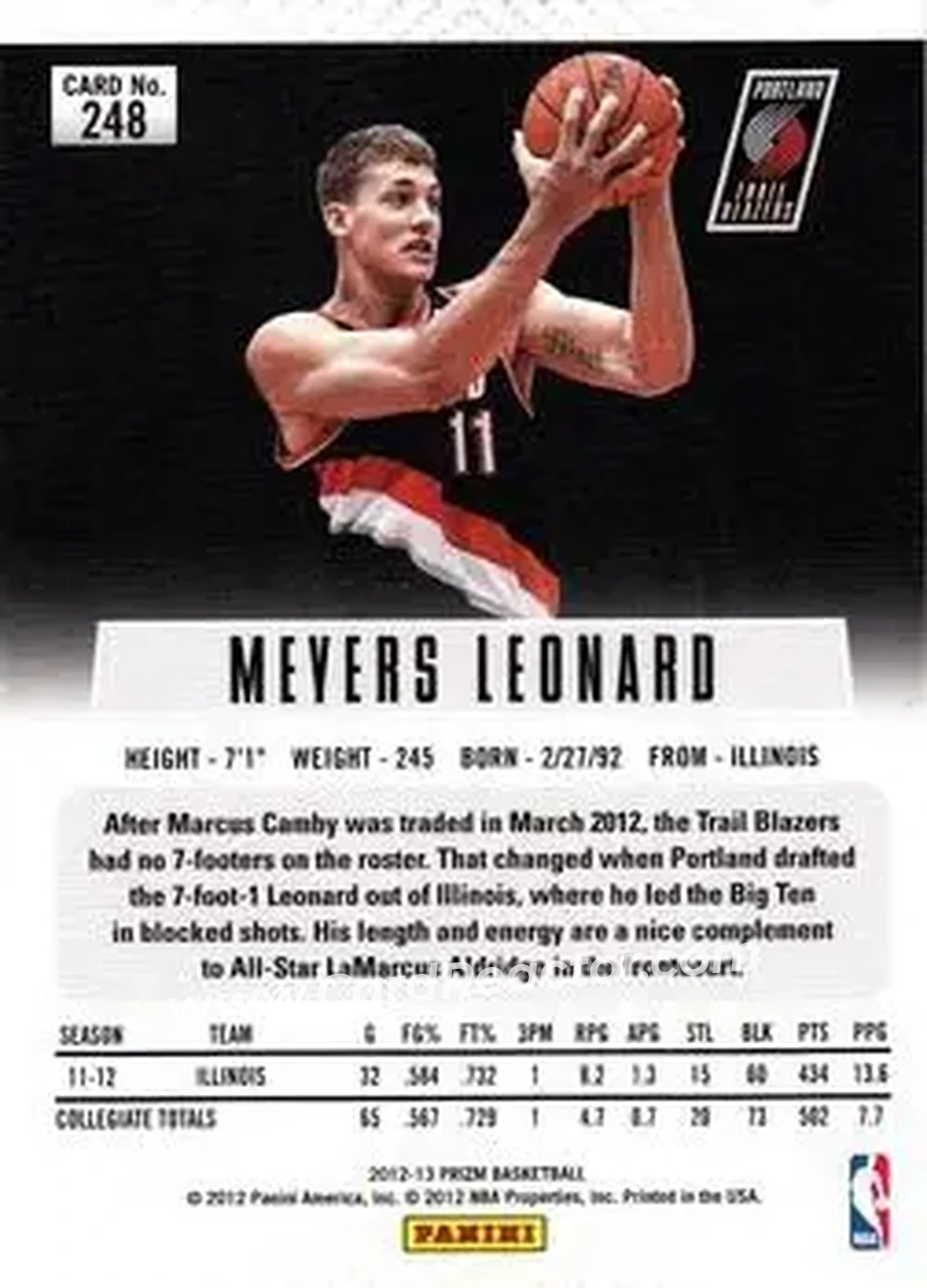2012-13 Panini Prizm #248 - Meyers Leonard - Portland Trail Blazers - Back