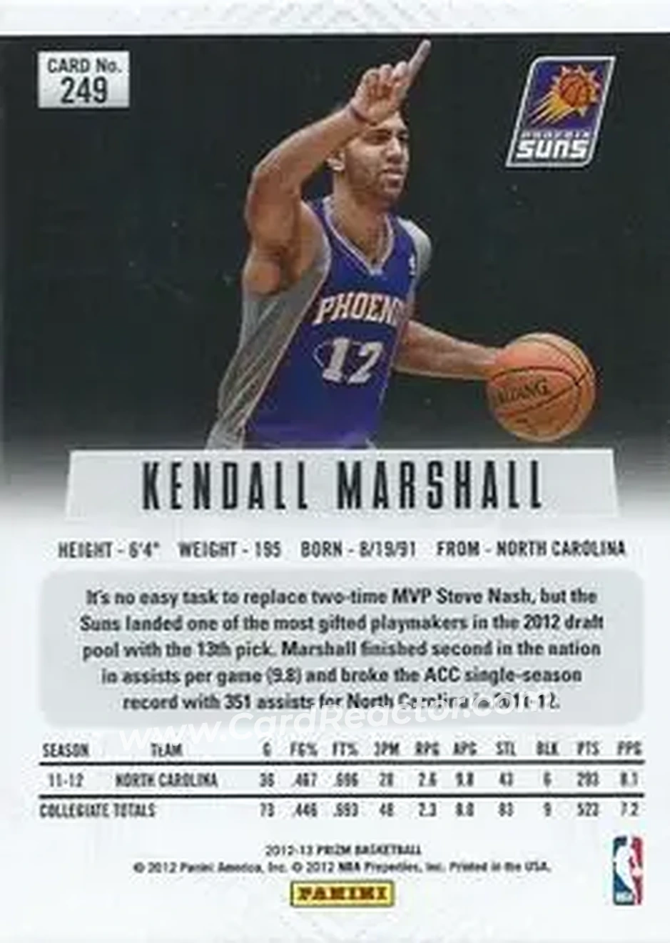 2012-13 Panini Prizm #249 - Kendall Marshall - Phoenix Suns - Back