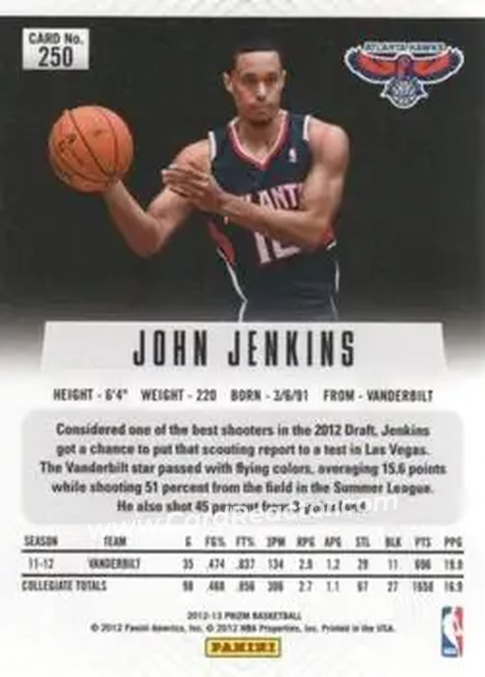 2012-13 Panini Prizm #250 - John Jenkins - Atlanta Hawks - Back