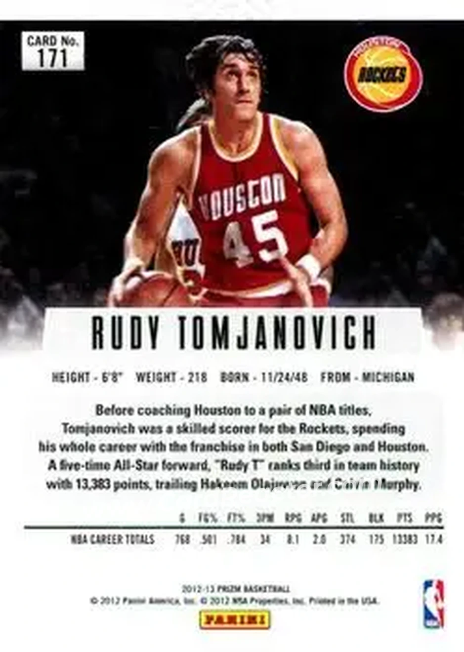 2012-13 Panini Prizm #171 - Rudy Tomjanovich - Houston Rockets - Back