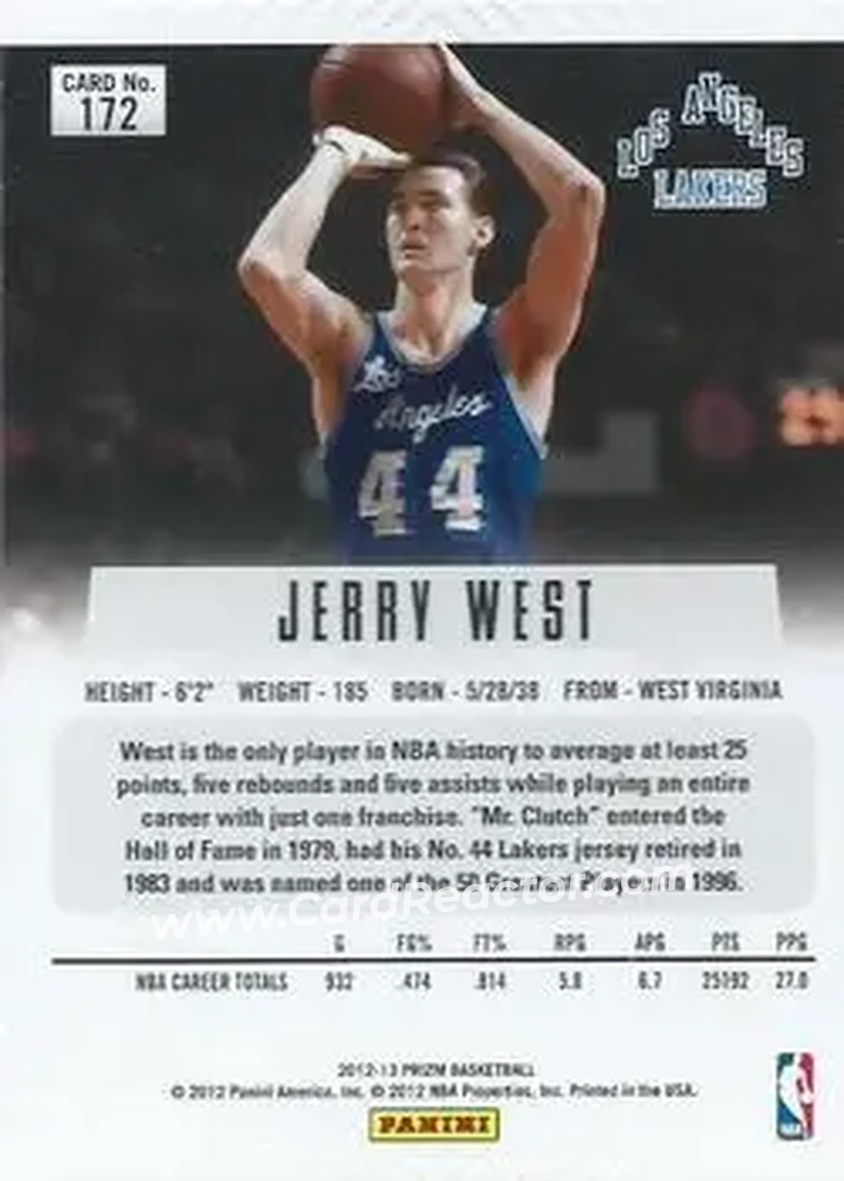 2012-13 Panini Prizm #172 - Jerry West - Los Angeles Lakers - Back 2012-13 Panini Prizm #172 - Jerry West - Los Angeles Lakers - Back