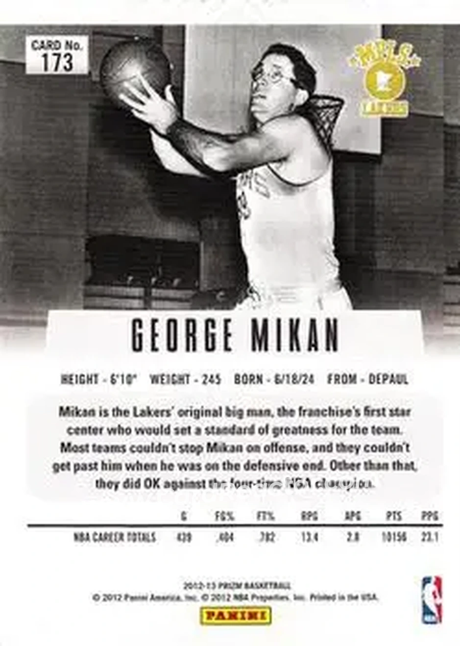 2012-13 Panini Prizm #173 - George Mikan - Minneapolis Lakers - Back