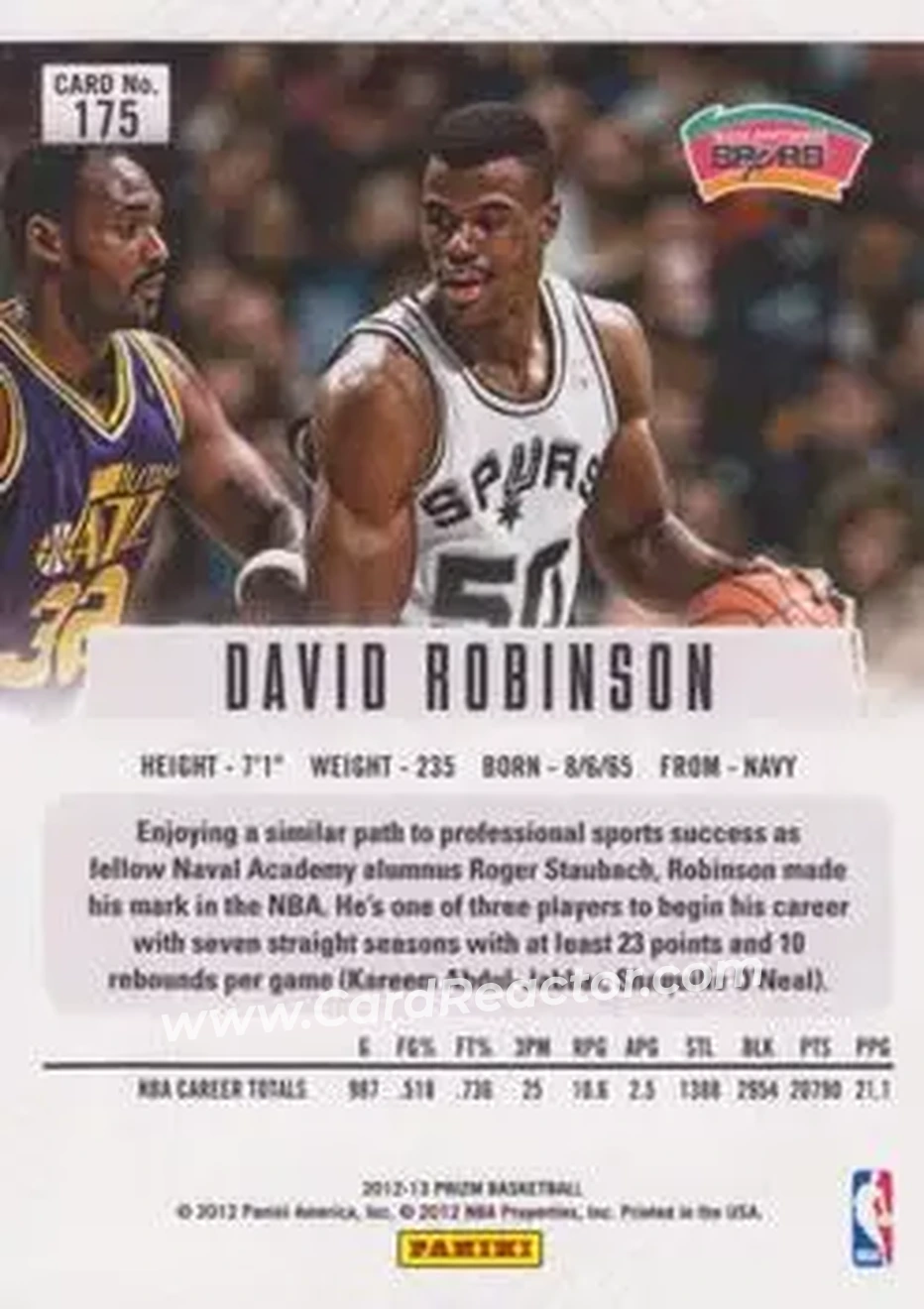 2012-13 Panini Prizm #175 - David Robinson - San Antonio Spurs - Back 2012-13 Panini Prizm #175 - David Robinson - San Antonio Spurs - Back