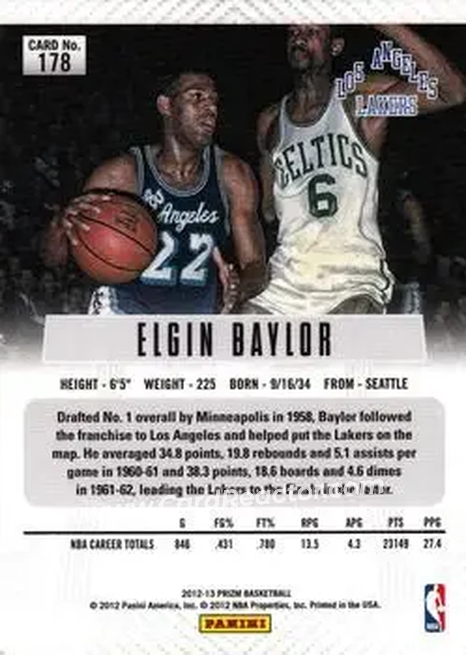 2012-13 Panini Prizm #178 - Elgin Baylor - Los Angeles Lakers - Back 2012-13 Panini Prizm #178 - Elgin Baylor - Los Angeles Lakers - Back