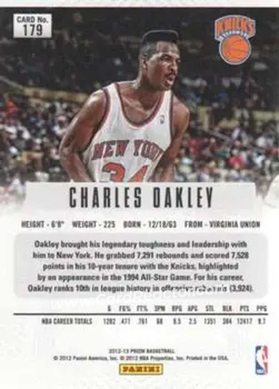 2012-13 Panini Prizm #179 - Charles Oakley - New York Knicks - Back
