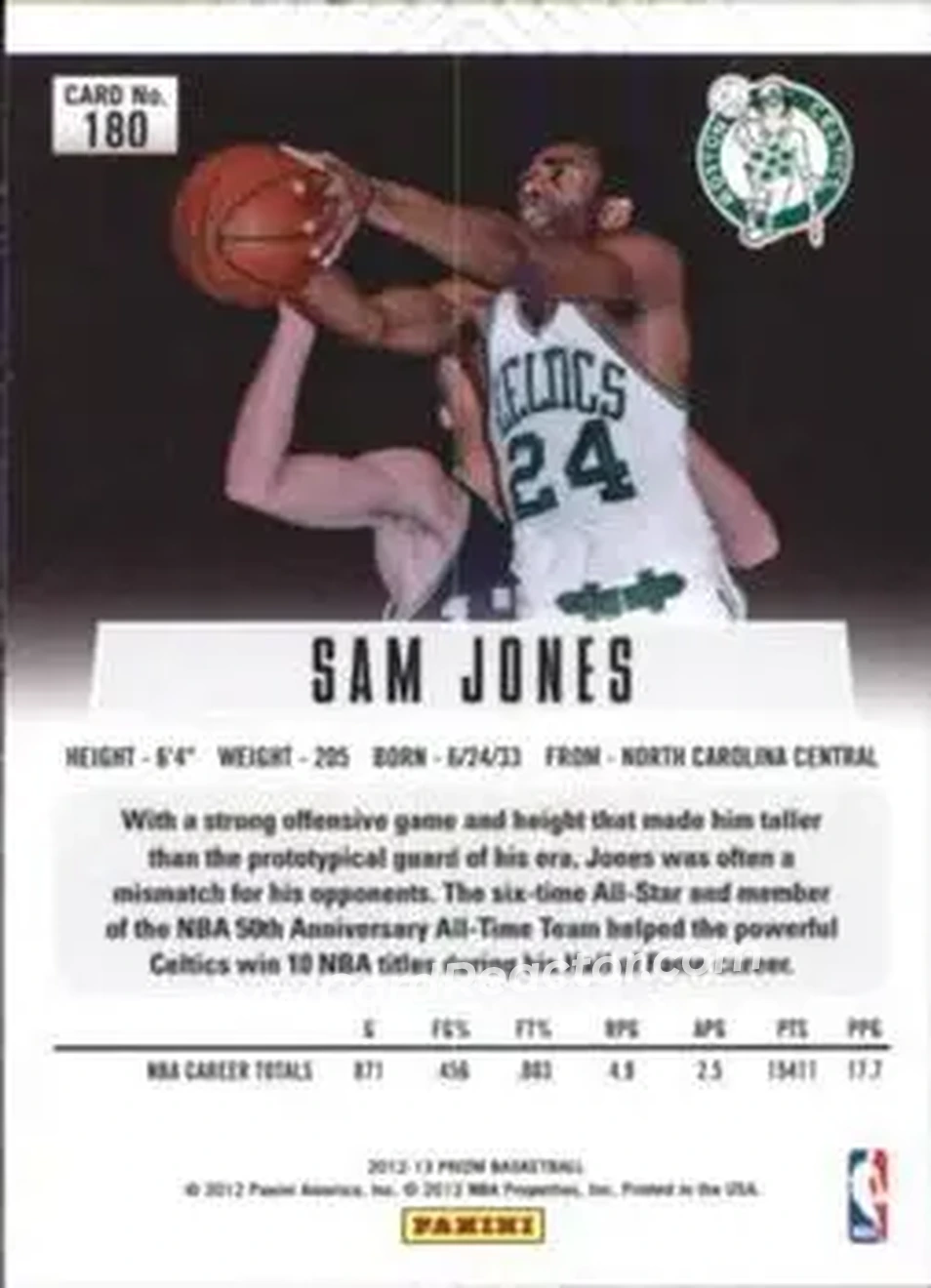 2012-13 Panini Prizm #180 - Sam Jones - Boston Celtics - Back
