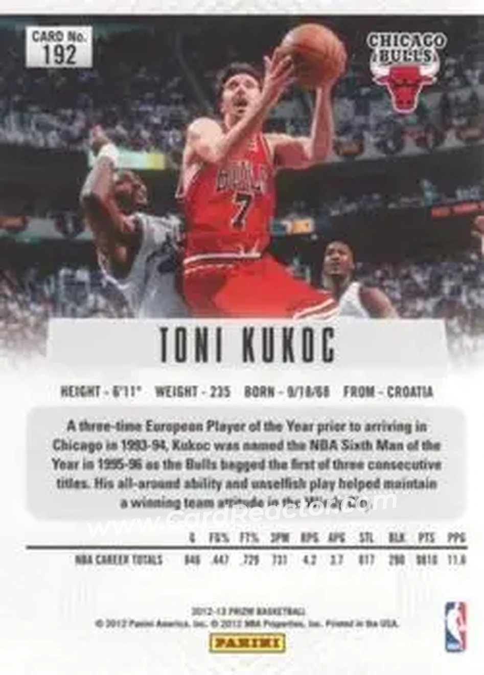 2012-13 Panini Prizm #192 - Toni Kukoc - Chicago Bulls - Back
