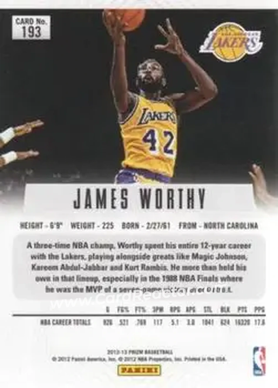 2012-13 Panini Prizm #193 - James Worthy - Los Angeles Lakers - Back