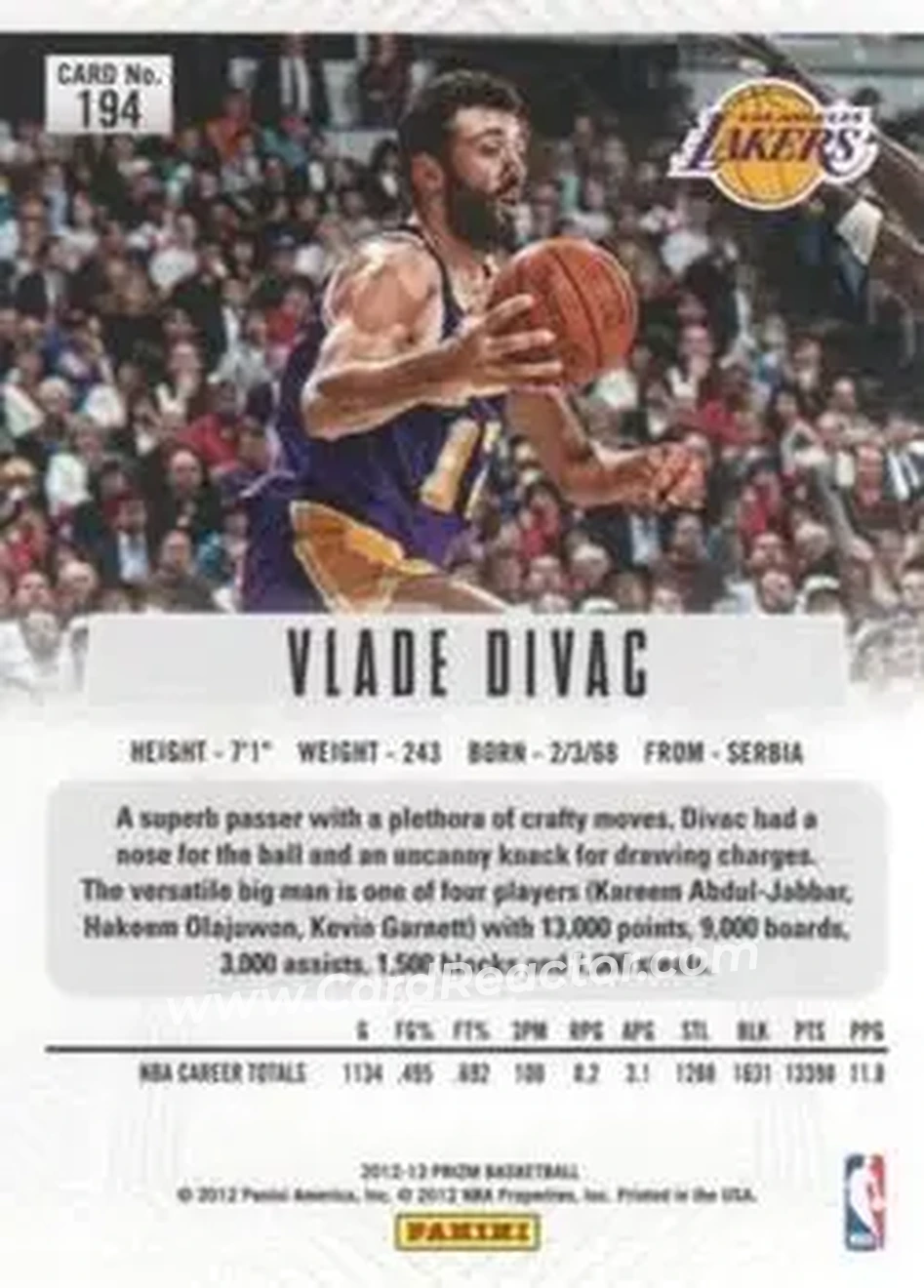 2012-13 Panini Prizm #194 - Vlade Divac - Los Angeles Lakers - Back