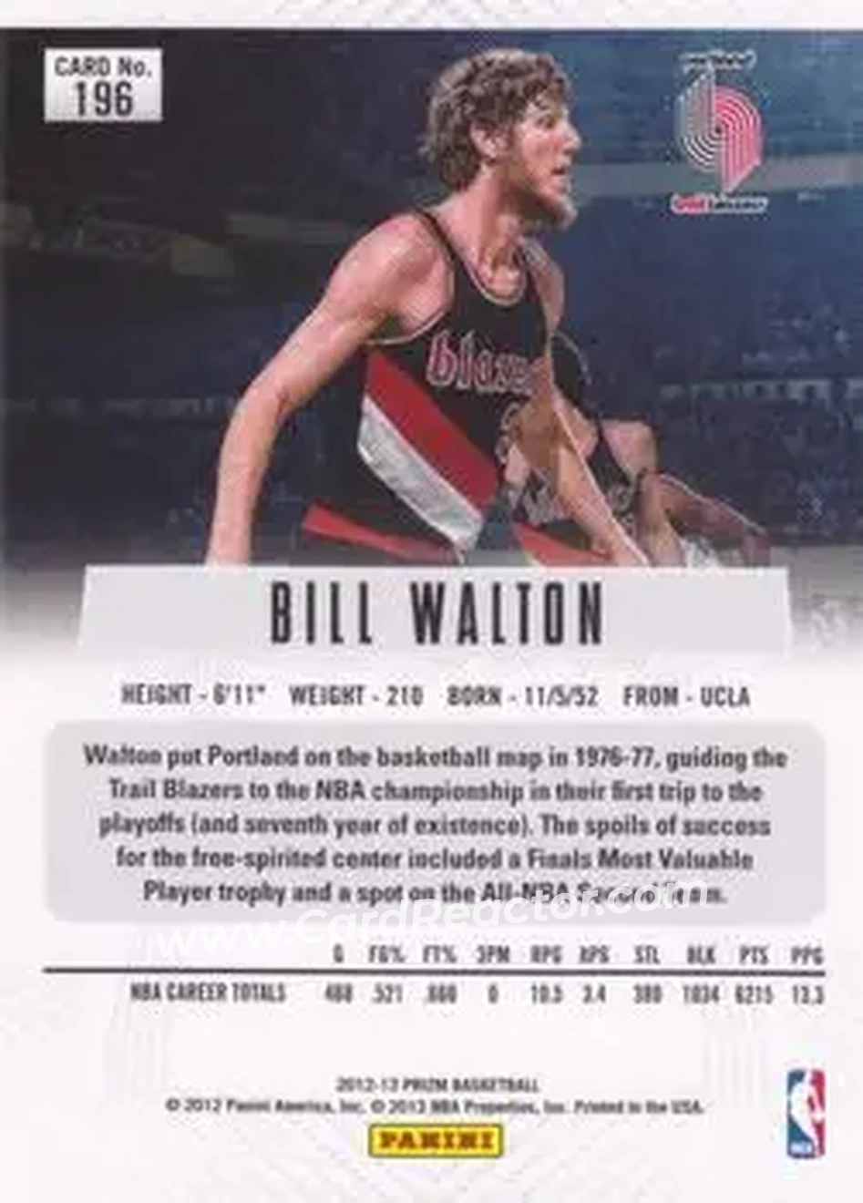 2012-13 Panini Prizm #196 - Bill Walton - Portland Trail Blazers - Back 2012-13 Panini Prizm #196 - Bill Walton - Portland Trail Blazers - Back