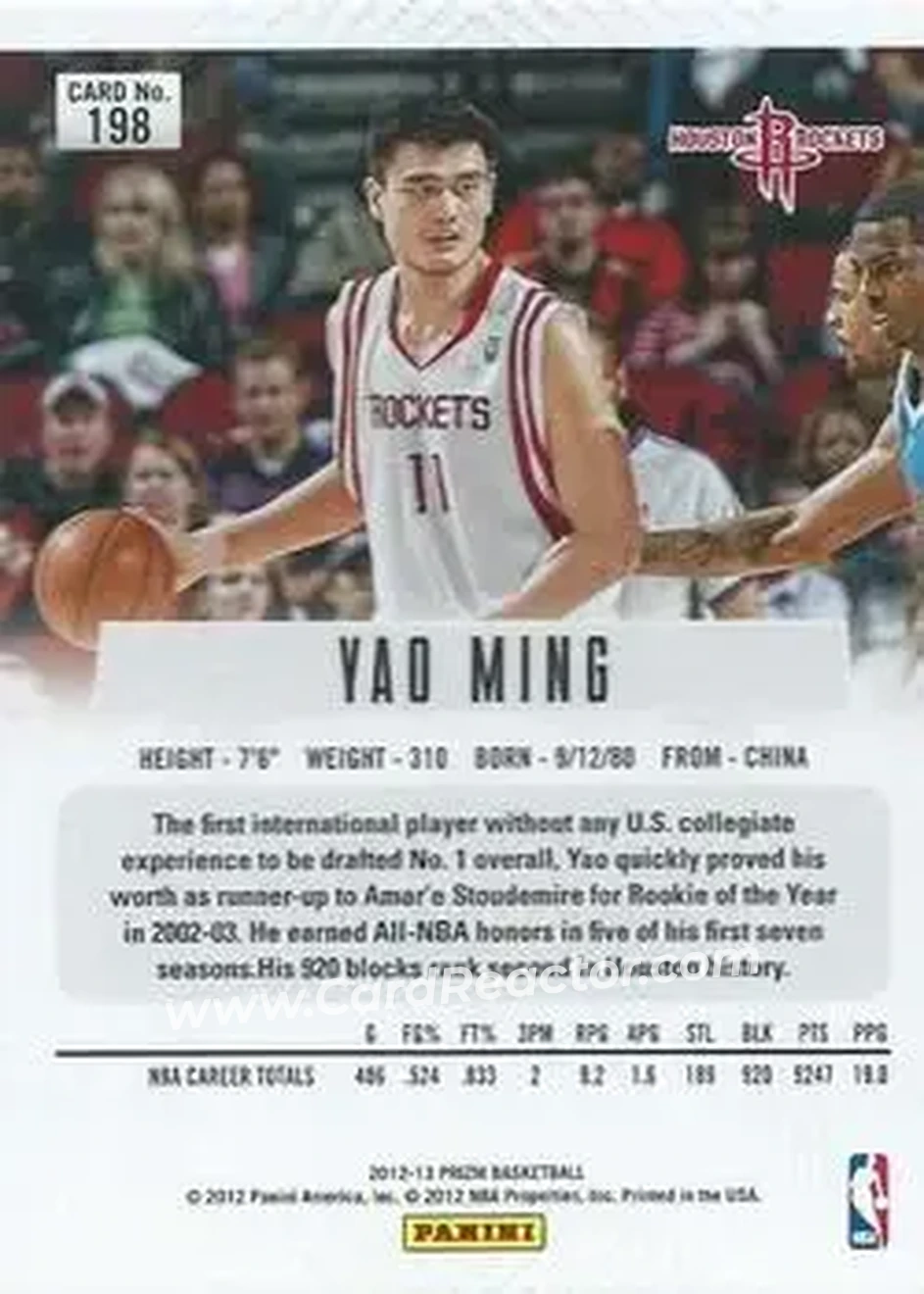 2012-13 Panini Prizm #198 - Yao Ming - Houston Rockets - Back