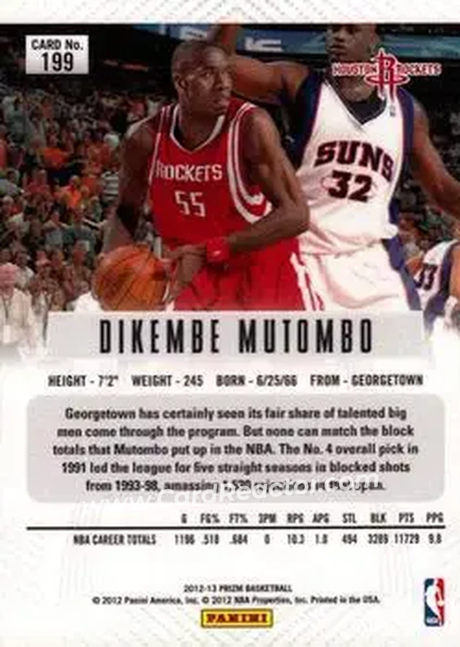 2012-13 Panini Prizm #199 - Dikembe Mutombo - Houston Rockets - Back 2012-13 Panini Prizm #199 - Dikembe Mutombo - Houston Rockets - Back