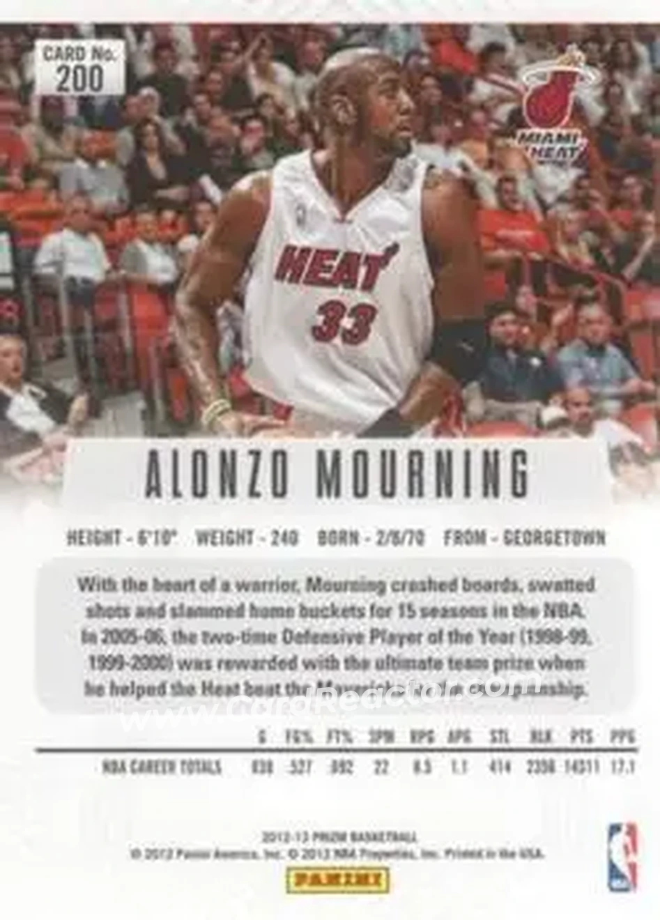 2012-13 Panini Prizm #200 - Alonzo Mourning - Miami Heat - Back 2012-13 Panini Prizm #200 - Alonzo Mourning - Miami Heat - Back