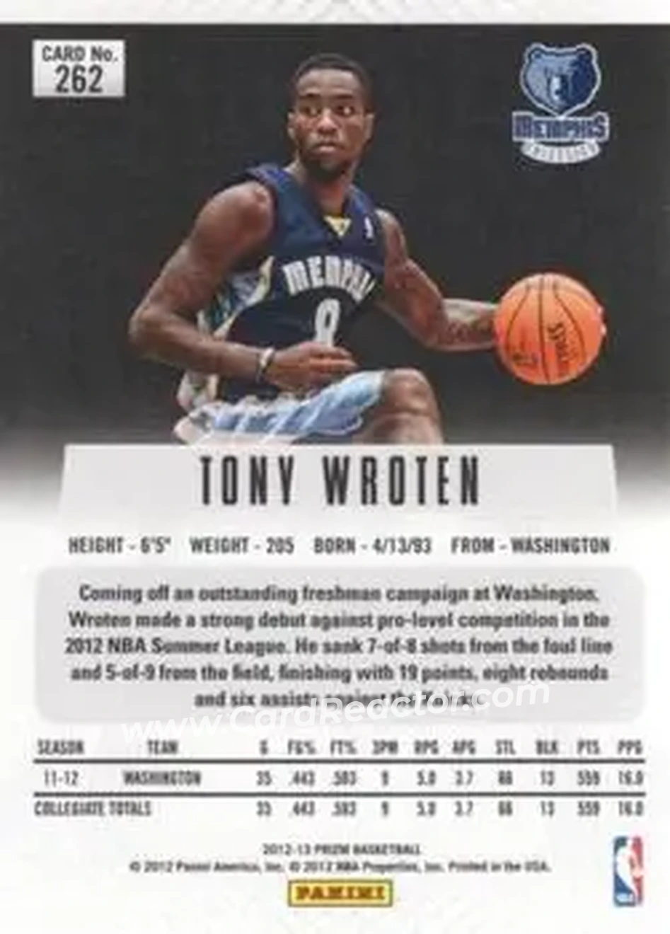2012-13 Panini Prizm #262 - Tony Wroten - Memphis Grizzlies - Back