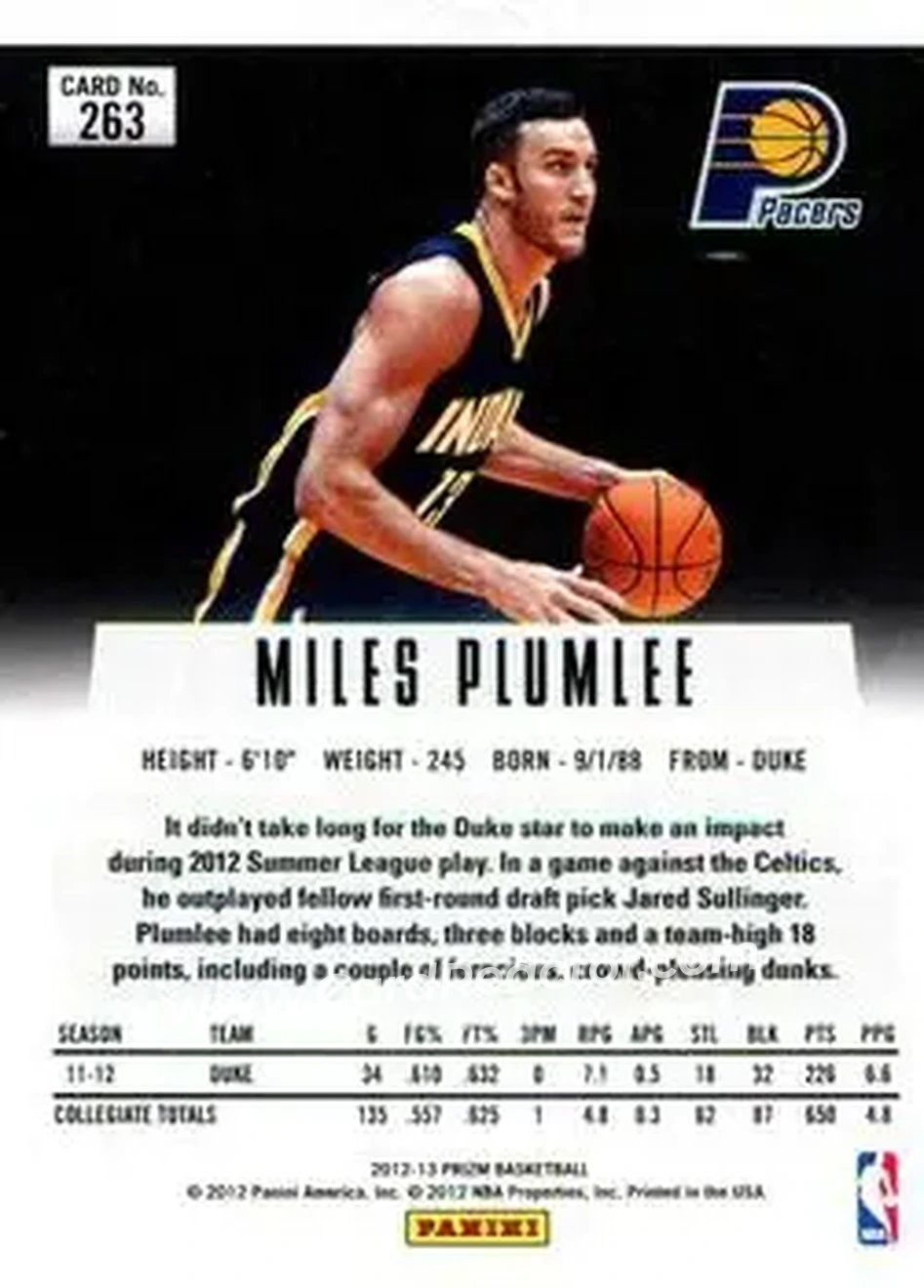 2012-13 Panini Prizm #263 - Miles Plumlee - Indiana Pacers - Back