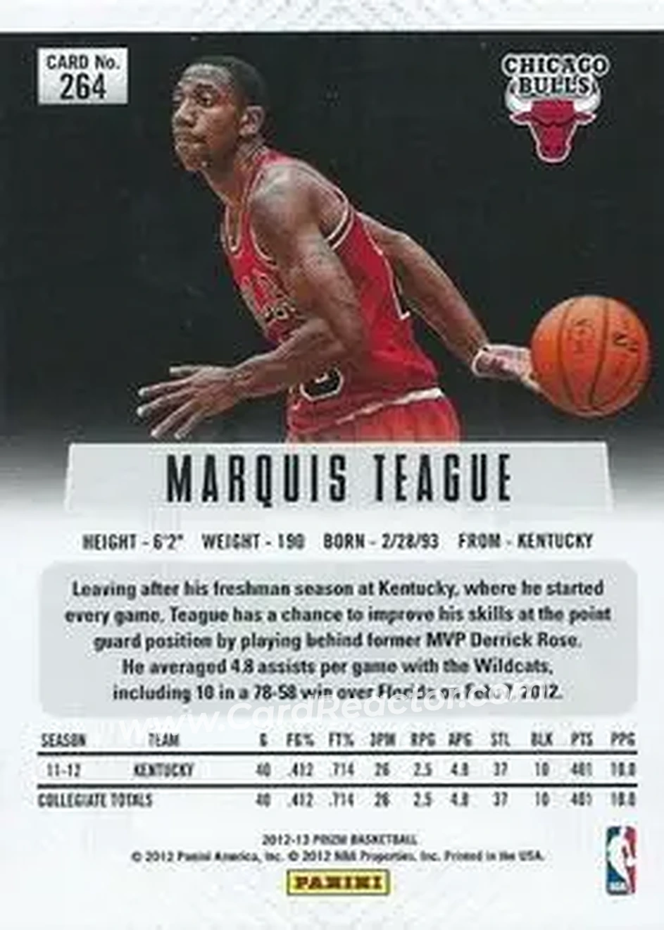 2012-13 Panini Prizm #264 - Marquis Teague - Chicago Bulls - Back