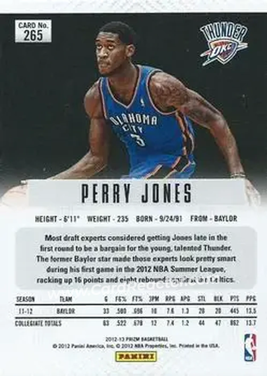2012-13 Panini Prizm #265 - Perry Jones III - Oklahoma City Thunder - Back