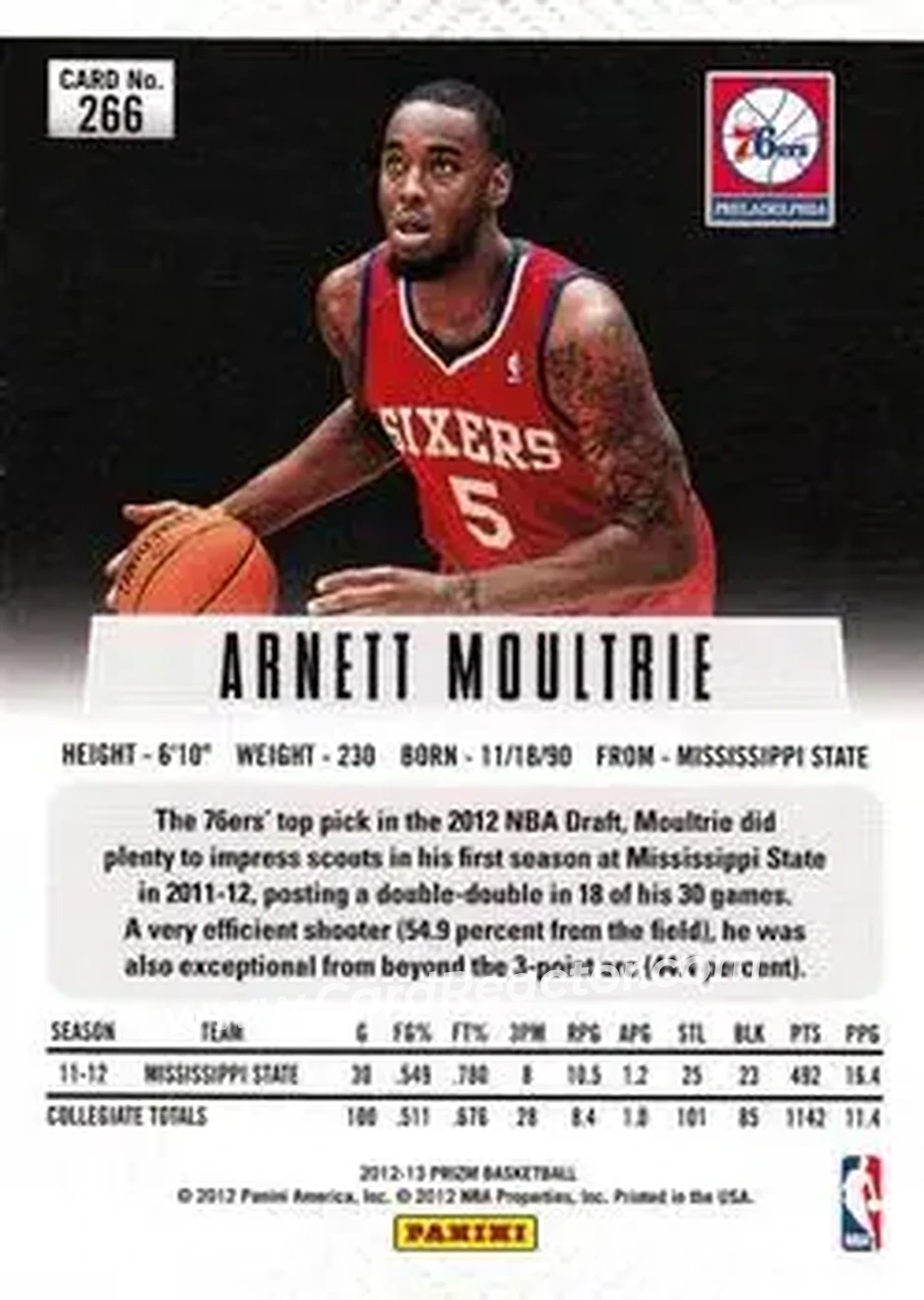 2012-13 Panini Prizm #266 - Arnett Moultrie - Philadelphia 76ers - Back