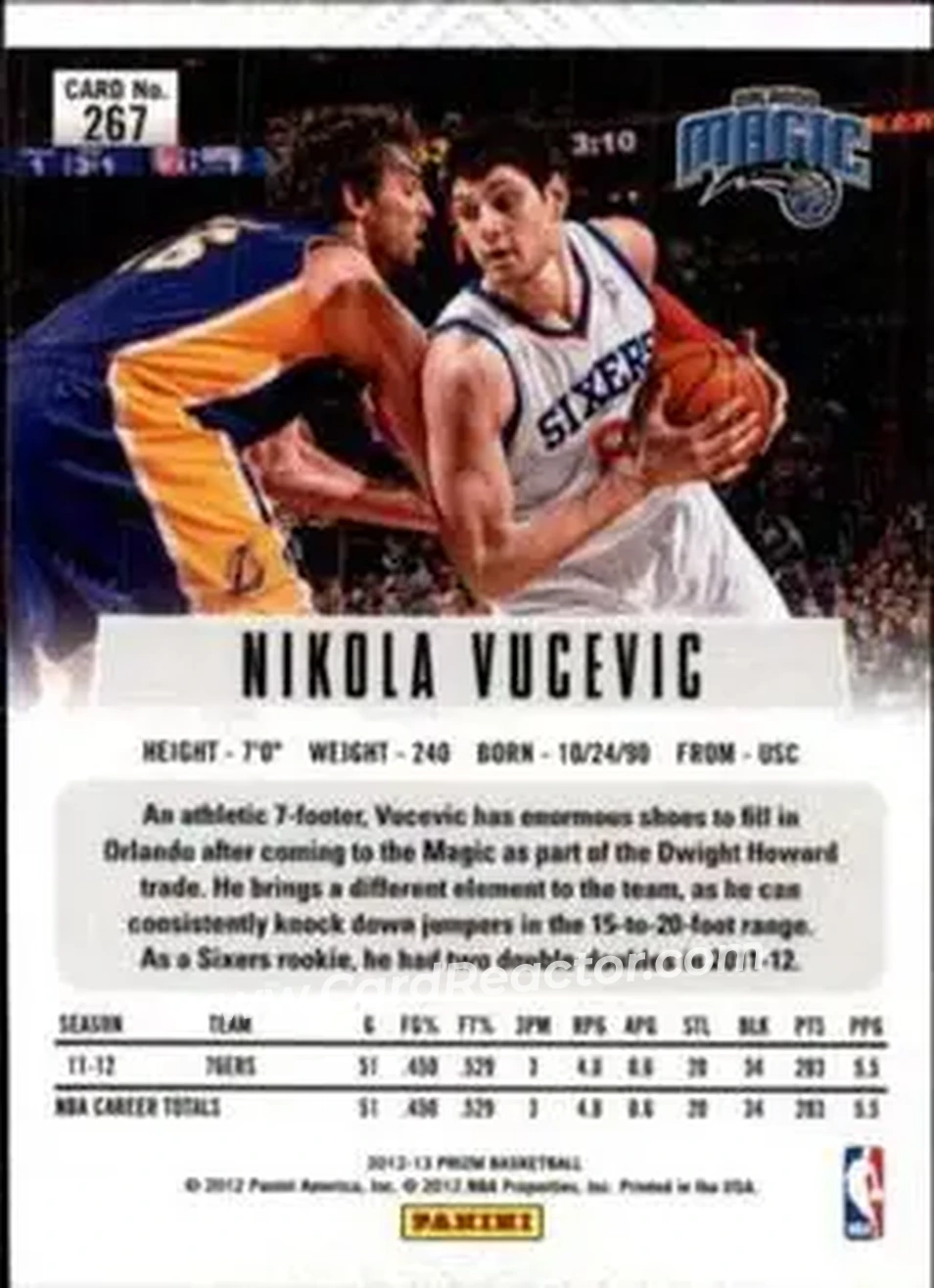 2012-13 Panini Prizm #267 - Nikola Vučević - Orlando Magic - Back