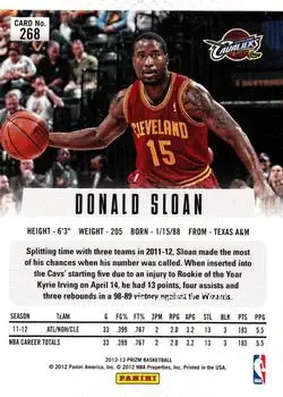 2012-13 Panini Prizm #268 - Donald Sloan - Cleveland Cavaliers - Back