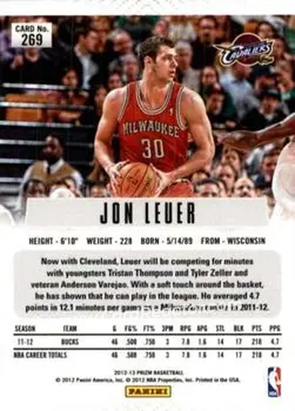 2012-13 Panini Prizm #269 - Jon Leuer - Cleveland Cavaliers - Back