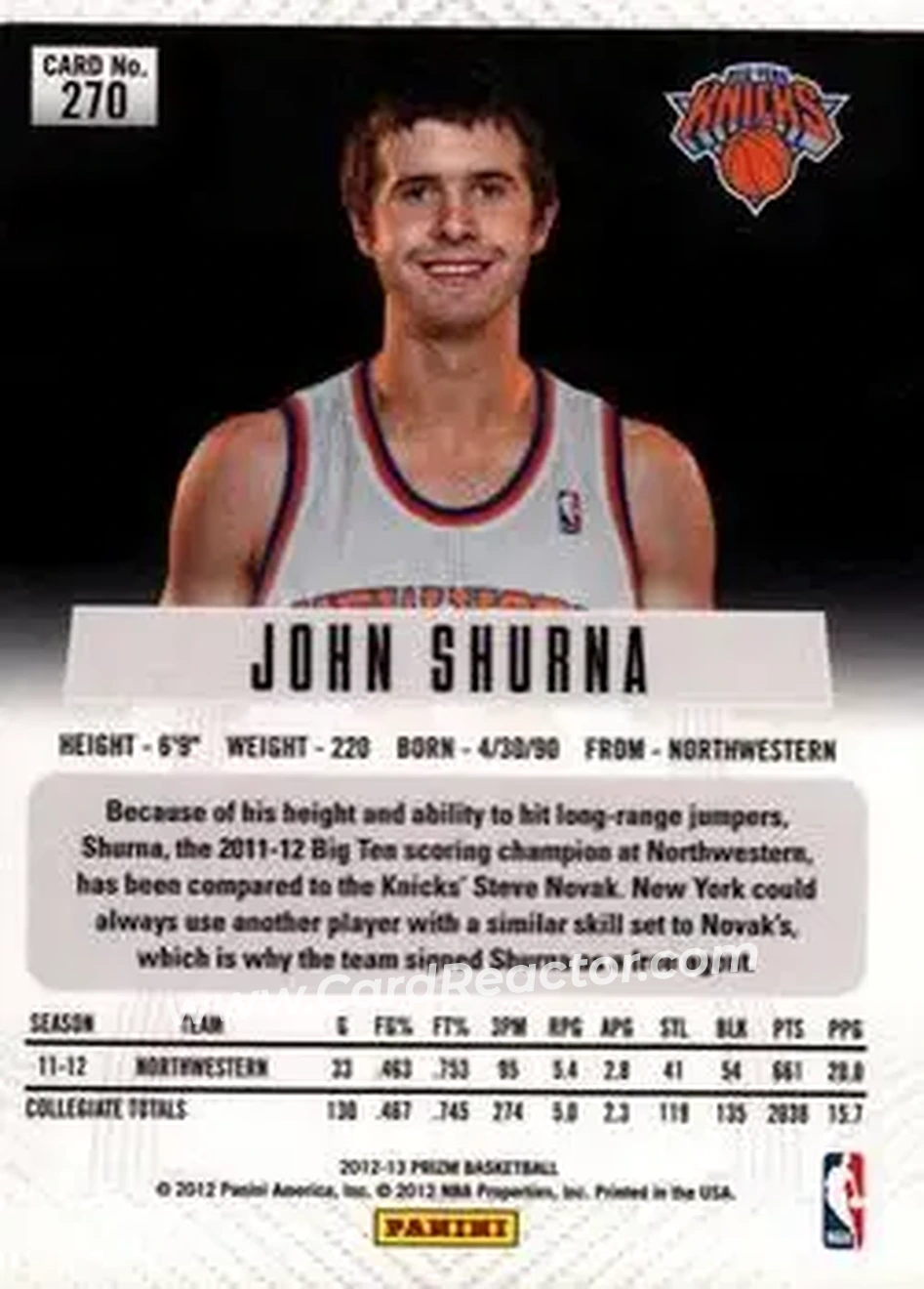 2012-13 Panini Prizm #270 - John Shurna - New York Knicks - Back