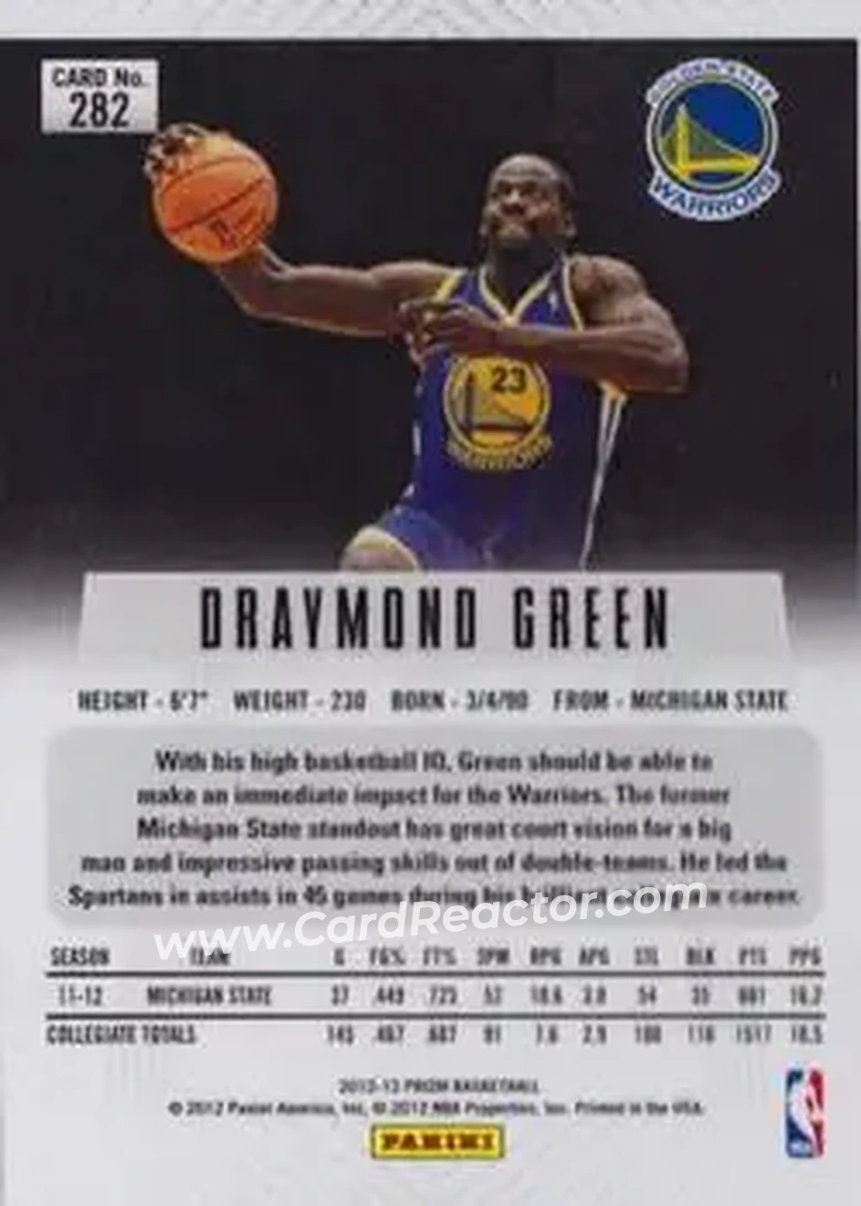 2012-13 Panini Prizm #282 - Draymond Green - Golden State Warriors - Back