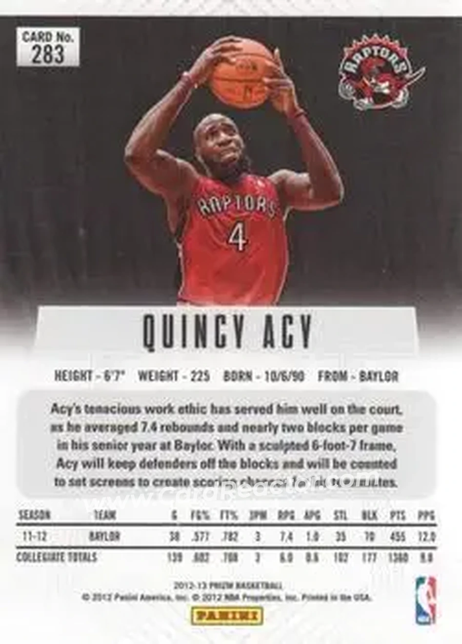 2012-13 Panini Prizm #283 - Quincy Acy - Toronto Raptors - Back 2012-13 Panini Prizm #283 - Quincy Acy - Toronto Raptors - Back