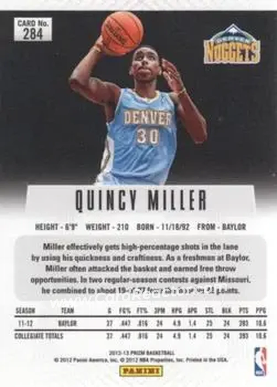 2012-13 Panini Prizm #284 - Quincy Miller - Denver Nuggets - Back