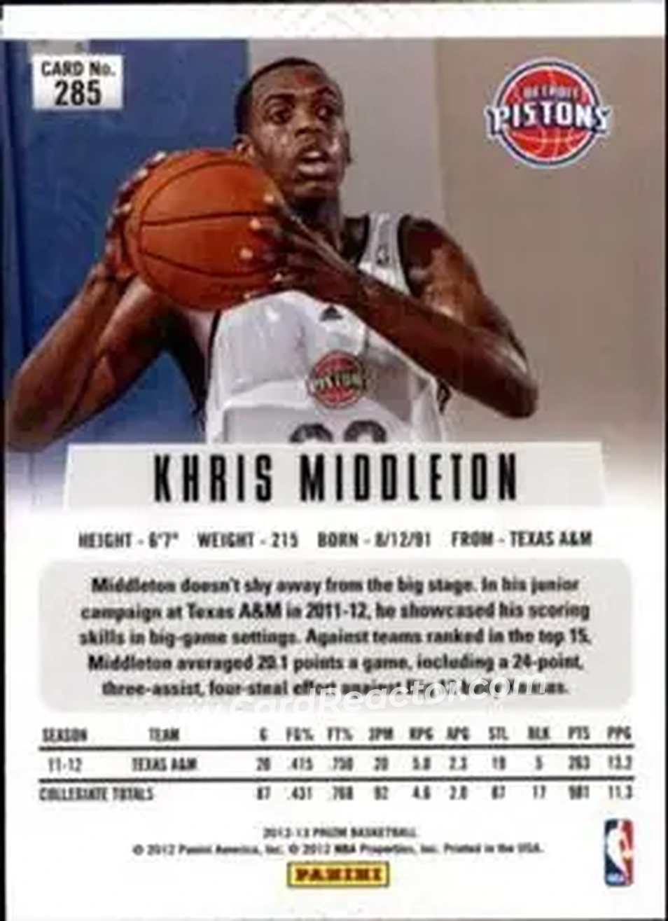 2012-13 Panini Prizm #285 - Khris Middleton - Detroit Pistons - Back 2012-13 Panini Prizm #285 - Khris Middleton - Detroit Pistons - Back