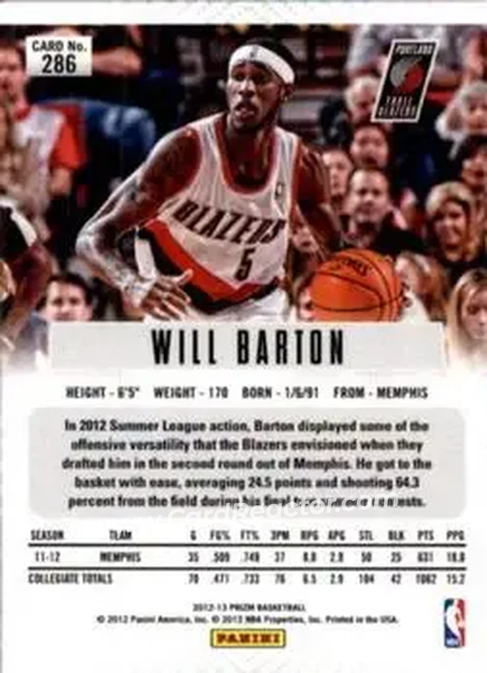 2012-13 Panini Prizm #286 - Will Barton - Portland Trail Blazers - Back 2012-13 Panini Prizm #286 - Will Barton - Portland Trail Blazers - Back