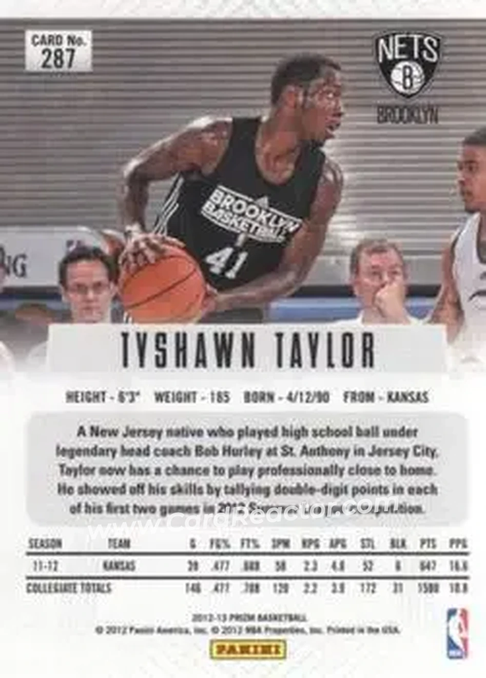 2012-13 Panini Prizm #287 - Tyshawn Taylor - Brooklyn Nets - Back