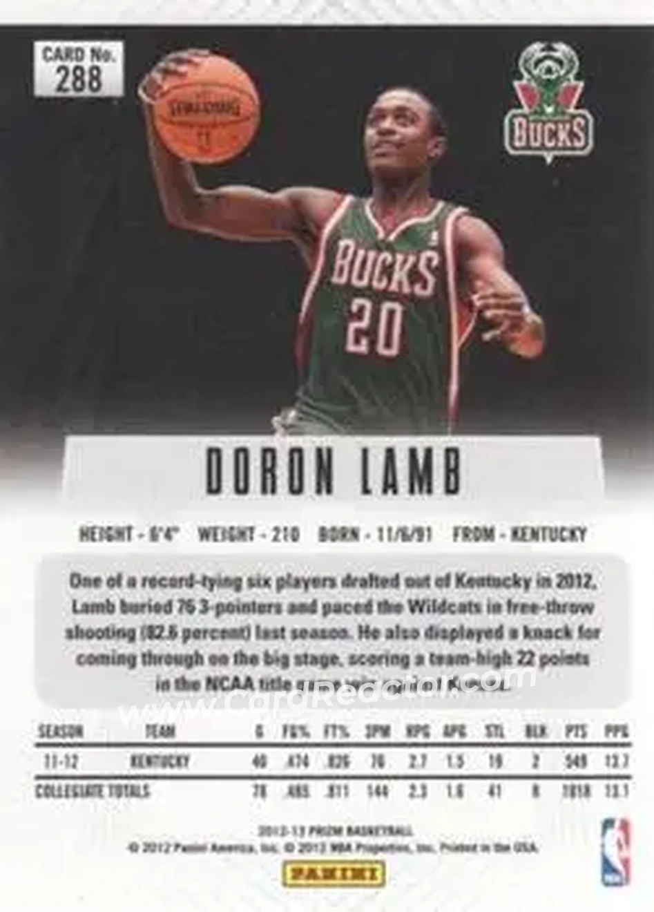 2012-13 Panini Prizm #288 - Doron Lamb - Milwaukee Bucks - Back