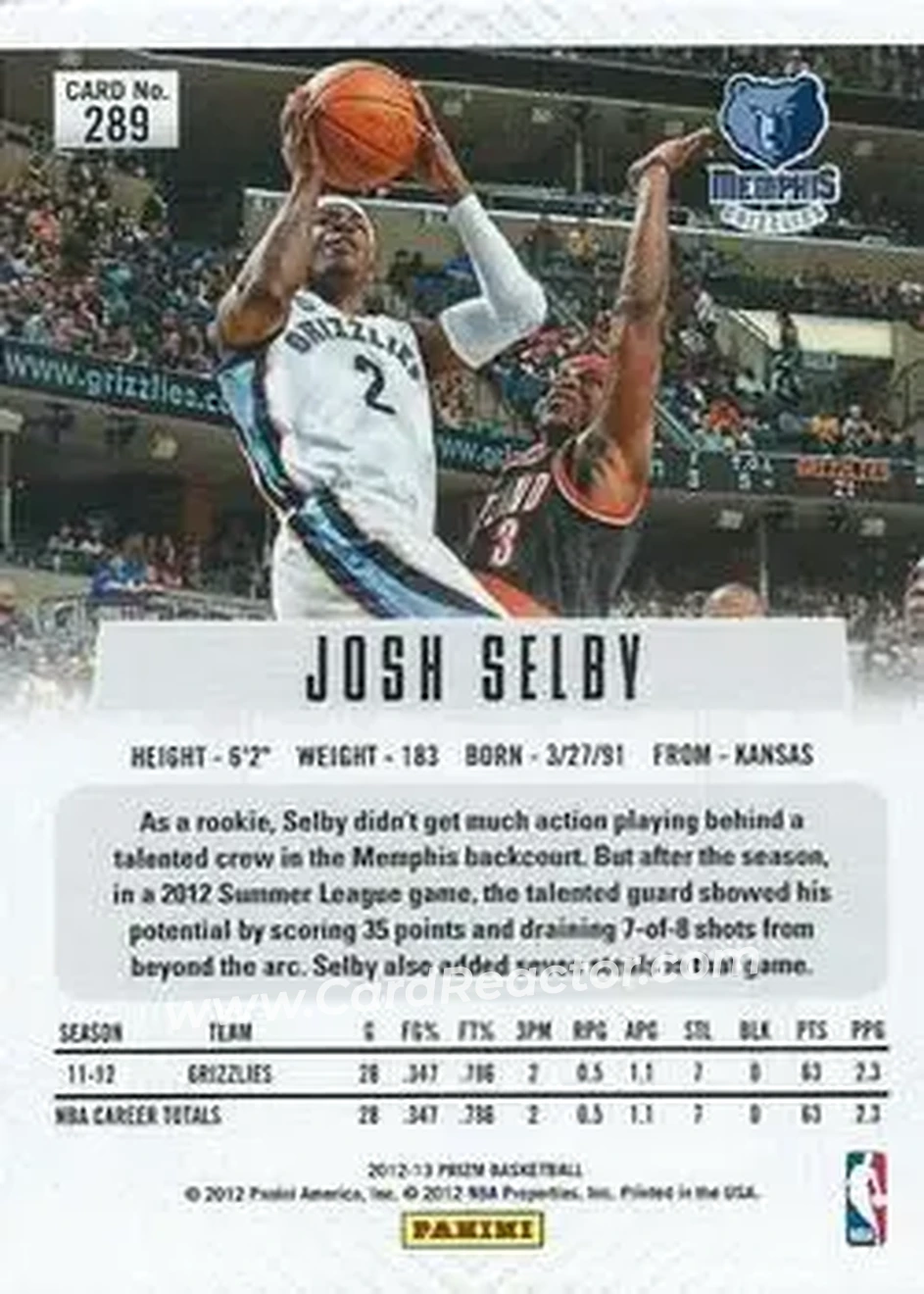 2012-13 Panini Prizm #289 - Josh Selby - Memphis Grizzlies - Back 2012-13 Panini Prizm #289 - Josh Selby - Memphis Grizzlies - Back