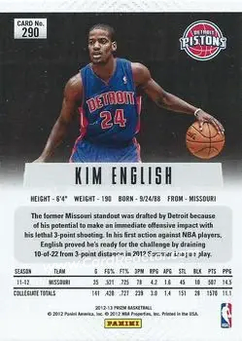 2012-13 Panini Prizm #290 - Kim English - Detroit Pistons - Back