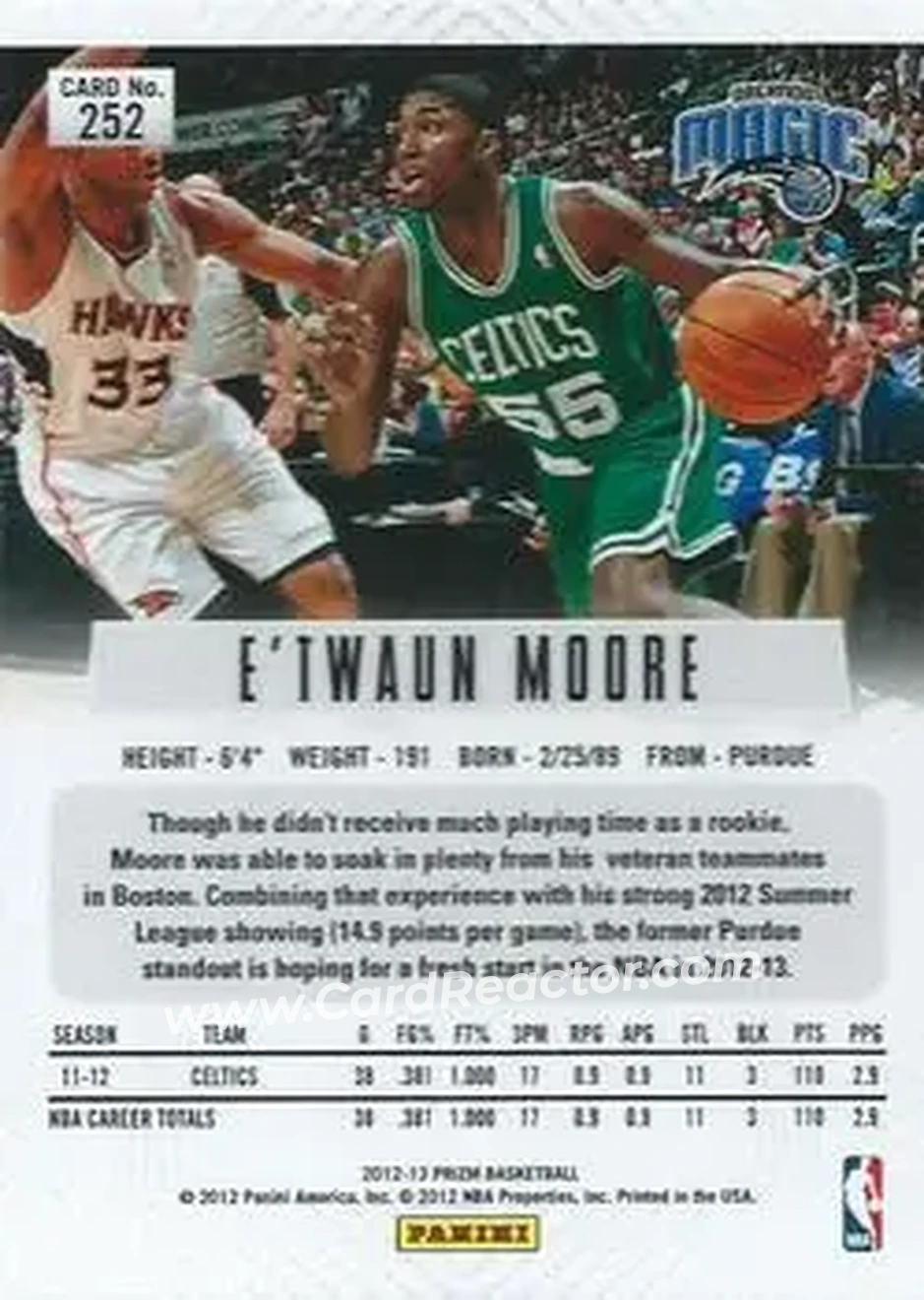 2012-13 Panini Prizm #252 - E'Twaun Moore - Orlando Magic - Back 2012-13 Panini Prizm #252 - E'Twaun Moore - Orlando Magic - Back