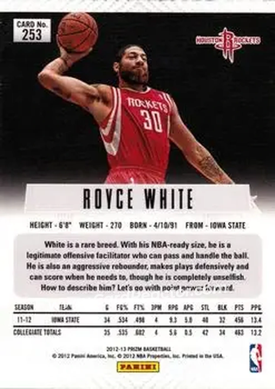 2012-13 Panini Prizm #253 - Royce White - Houston Rockets - Back