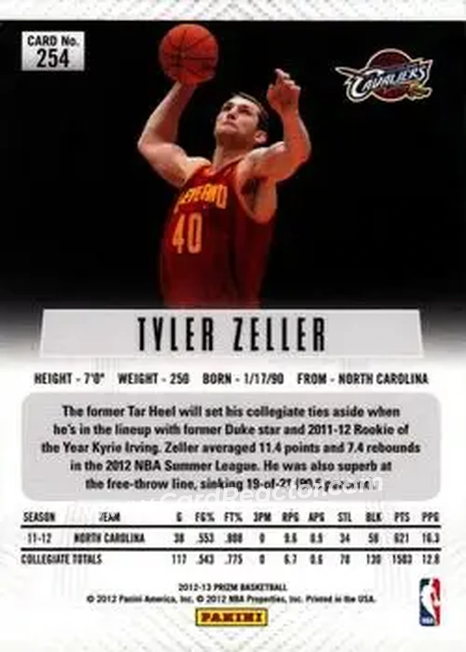 2012-13 Panini Prizm #254 - Tyler Zeller - Cleveland Cavaliers - Back 2012-13 Panini Prizm #254 - Tyler Zeller - Cleveland Cavaliers - Back