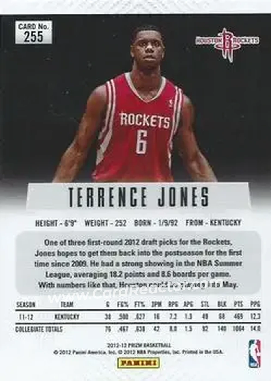 2012-13 Panini Prizm #255 - Terrence Jones - Houston Rockets - Back