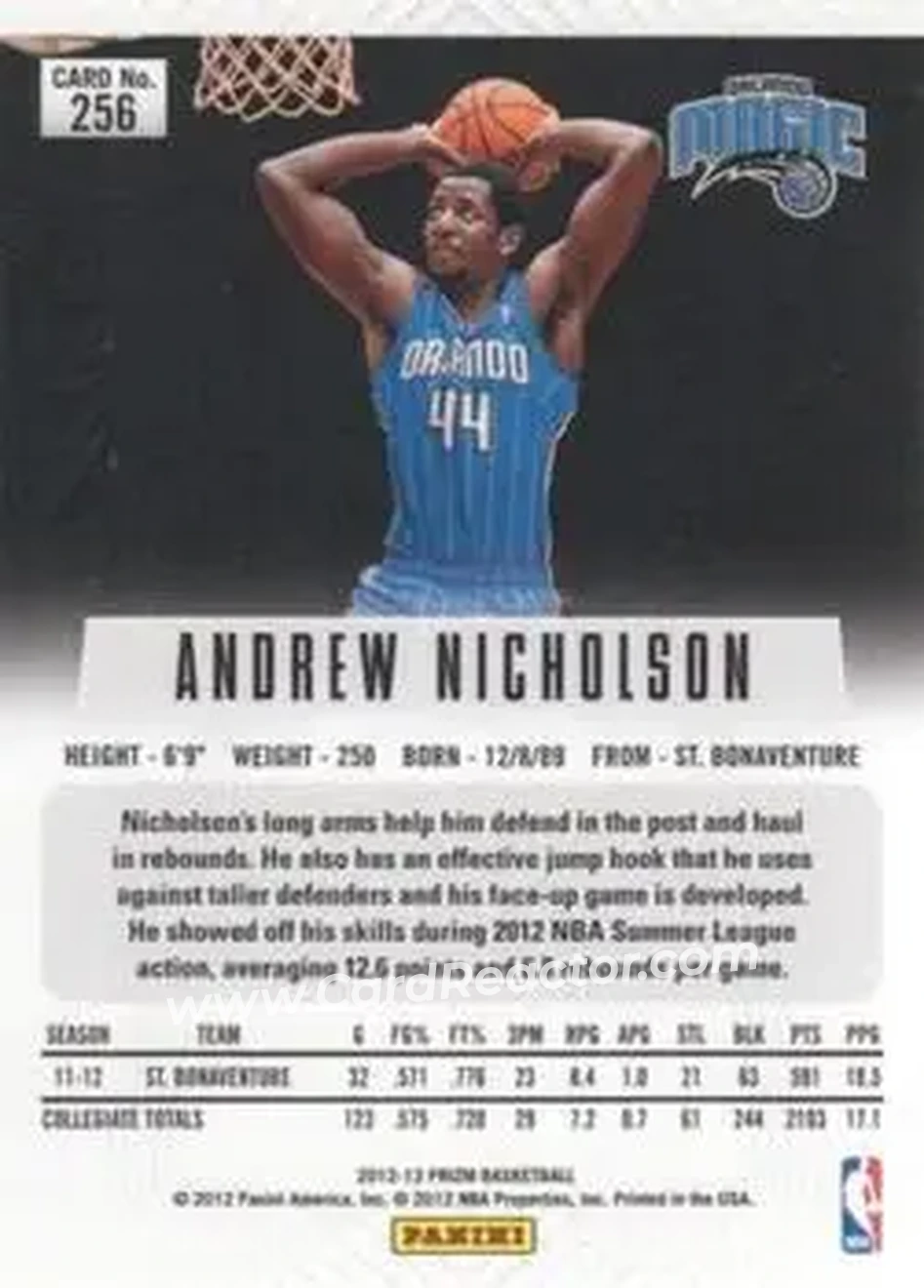 2012-13 Panini Prizm #256 - Andrew Nicholson - Orlando Magic - Back 2012-13 Panini Prizm #256 - Andrew Nicholson - Orlando Magic - Back