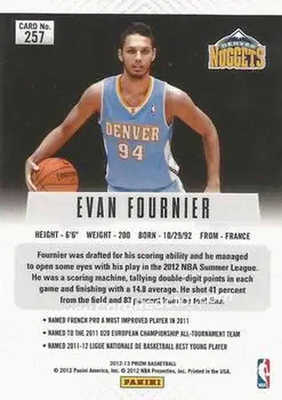 2012-13 Panini Prizm #257 - Evan Fournier - Denver Nuggets - Back