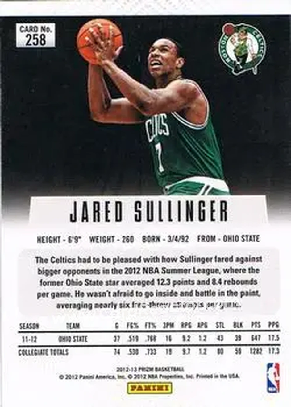 2012-13 Panini Prizm #258 - Jared Sullinger - Boston Celtics - Back 2012-13 Panini Prizm #258 - Jared Sullinger - Boston Celtics - Back