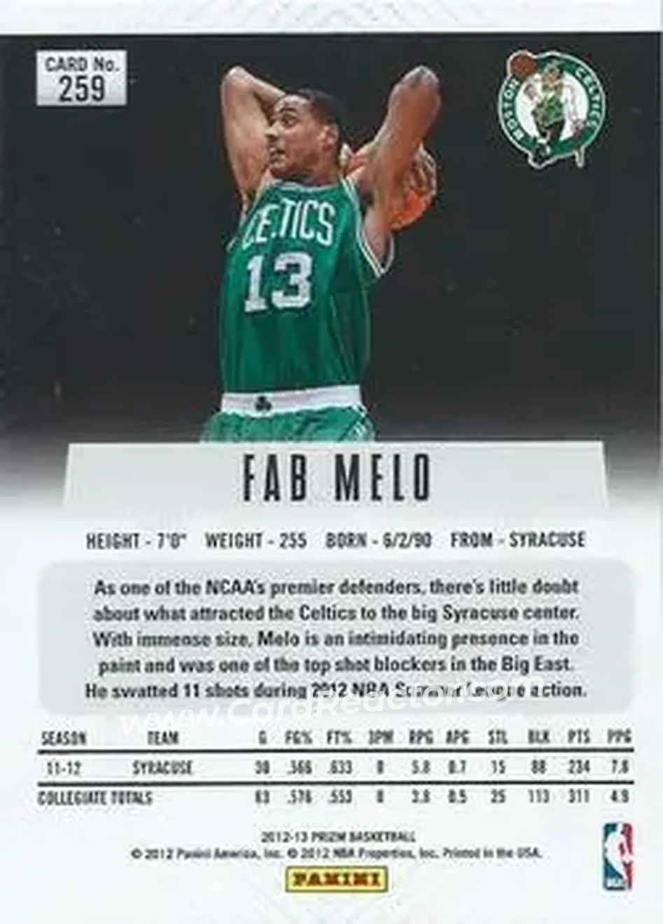 2012-13 Panini Prizm #259 - Fab Melo - Boston Celtics - Back