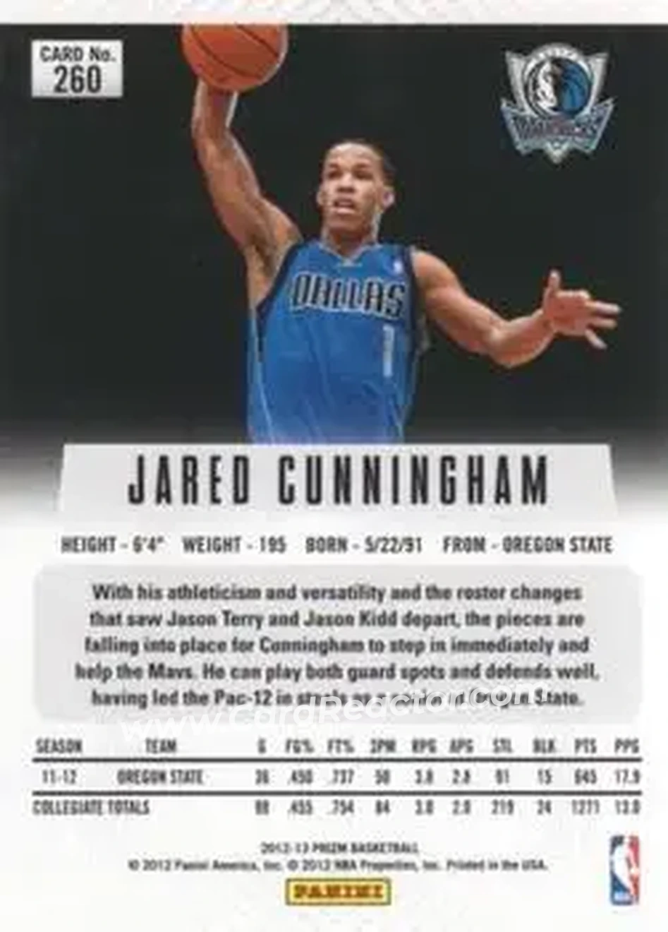 2012-13 Panini Prizm #260 - Jared Cunningham - Dallas Mavericks - Back