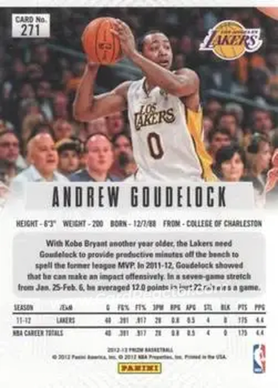 2012-13 Panini Prizm #271 - Andrew Goudelock - Los Angeles Lakers - Back