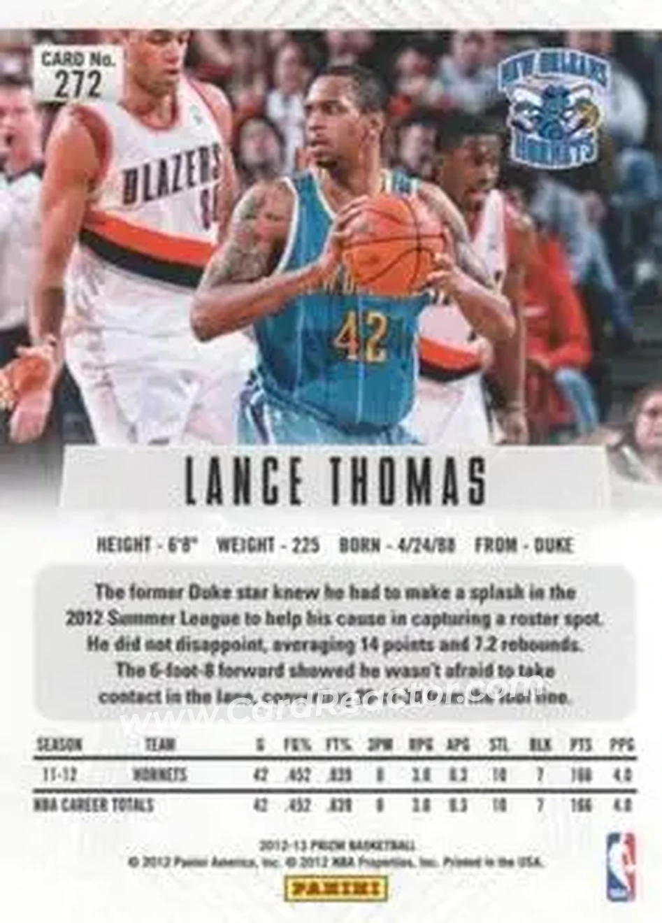 2012-13 Panini Prizm #272 - Lance Thomas - New Orleans Hornets - Back