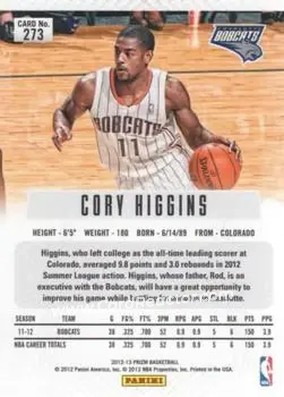 2012-13 Panini Prizm #273 - Cory Higgins - Charlotte Bobcats - Back