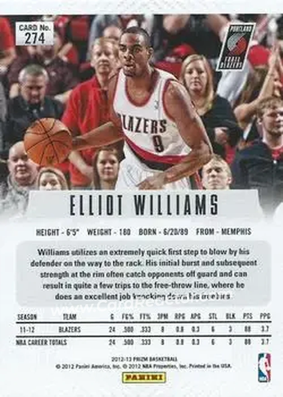 2012-13 Panini Prizm #274 - Elliot Williams - Portland Trail Blazers - Back