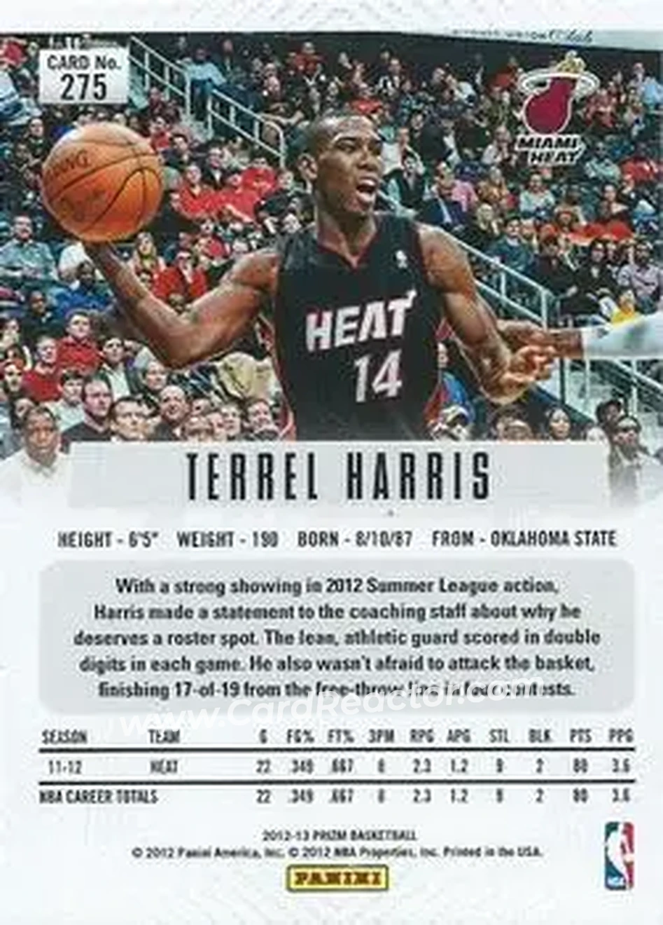 2012-13 Panini Prizm #275 - Terrel Harris - Miami Heat - Back 2012-13 Panini Prizm #275 - Terrel Harris - Miami Heat - Back