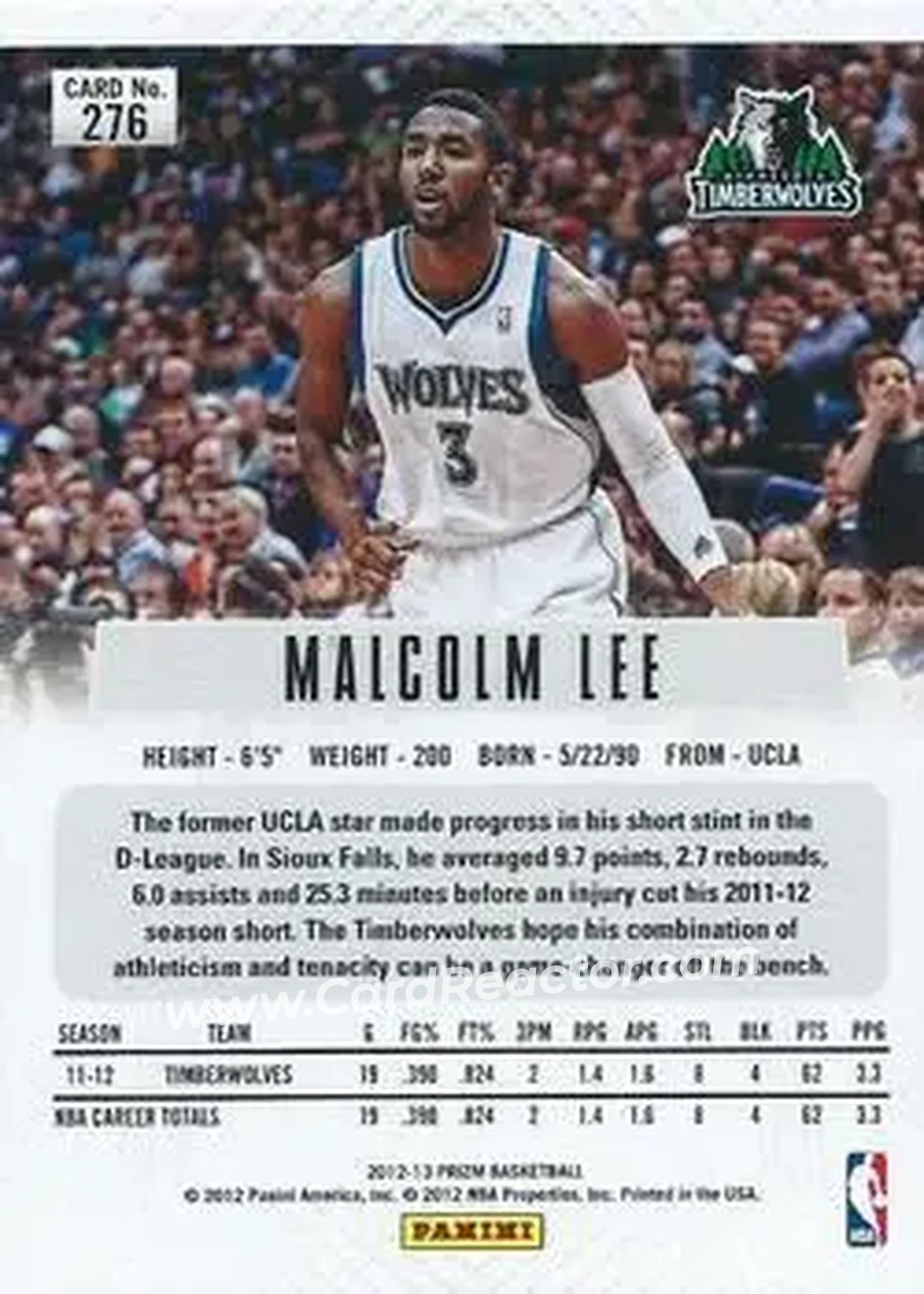2012-13 Panini Prizm #276 - Malcolm Lee - Minnesota Timberwolves - Back 2012-13 Panini Prizm #276 - Malcolm Lee - Minnesota Timberwolves - Back